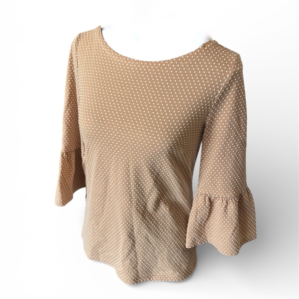 Talbots Tan and White Polka Dot Blouse with Bell Sleeves, size XS